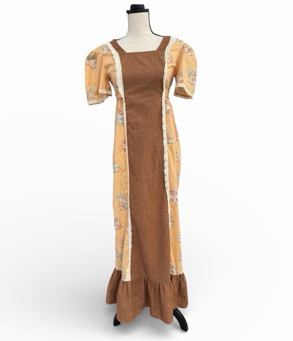 Vintage 1970s Lemon Frog Prairie Maxi Dress mushroom Sears Cottagecore boho XS